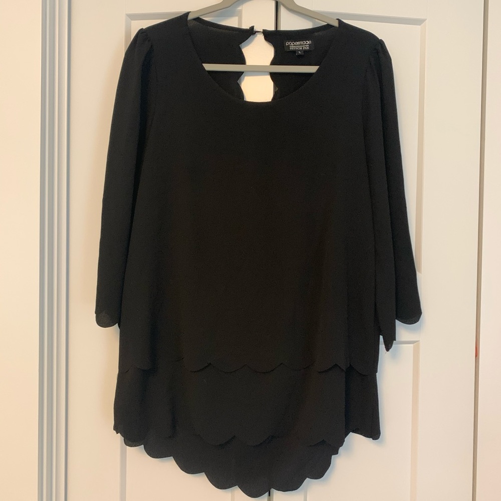 Black 1/4 Sleeve Scalloped Blouse w/ Back Cut Out